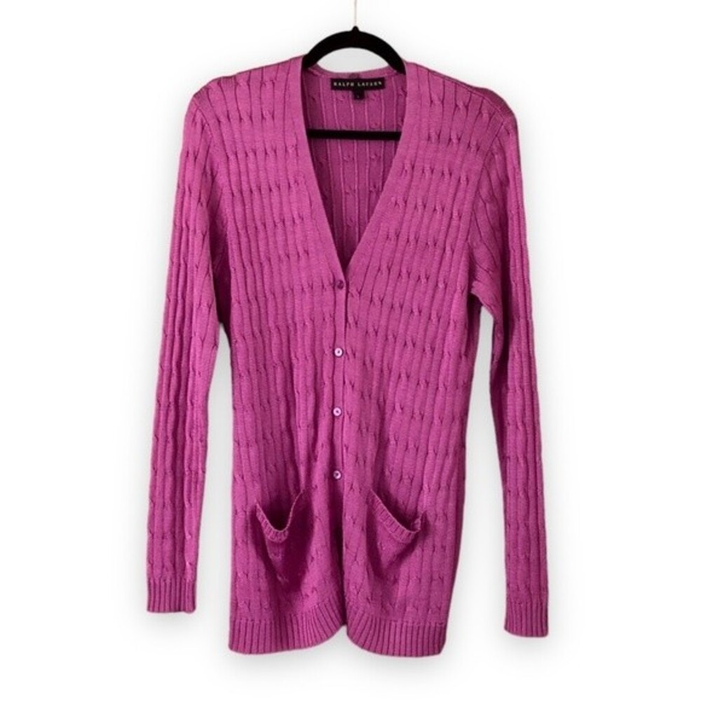 Ralph Lauren Black Label Fuchsia Silk Cable Knit Cardigan Pink Purple Size Large